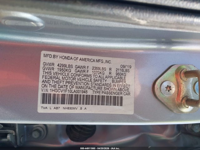 44911565 :رقم المزاد ، 1HGCV1F10LA001945 vin ، 2020 Honda Accord Lx مزاد بيع