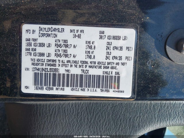 Продажа на аукционе авто 2003 Dodge Ram 1500 Slt/laramie/st, vin: 1D7HA18N23J553551, номер лота: 44911600