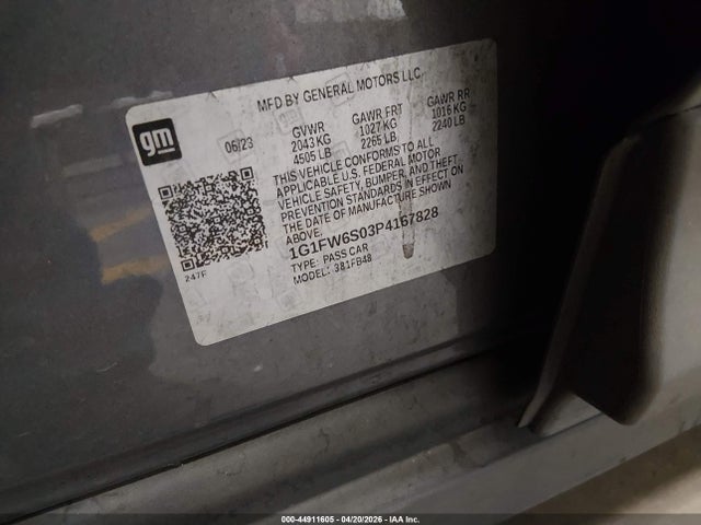 1G1FW6S03P4167828 Chevrolet Bolt Ev Fwd 1lt