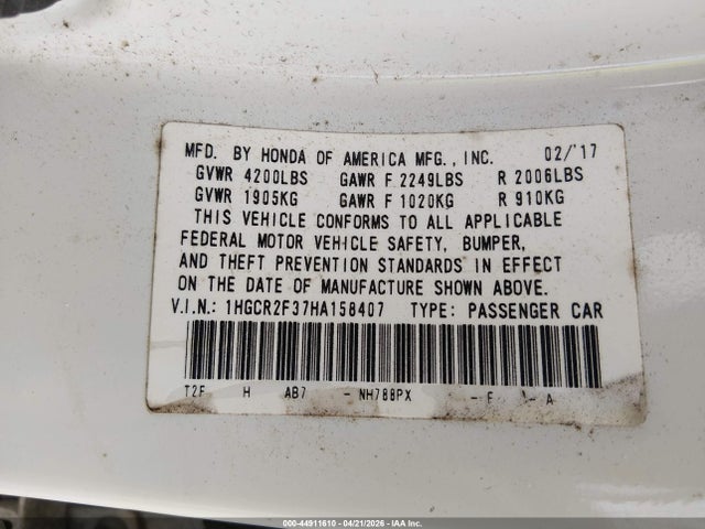 Продажа на аукционе авто 2017 Honda Accord Lx, vin: 1HGCR2F37HA158407, номер лота: 44911610