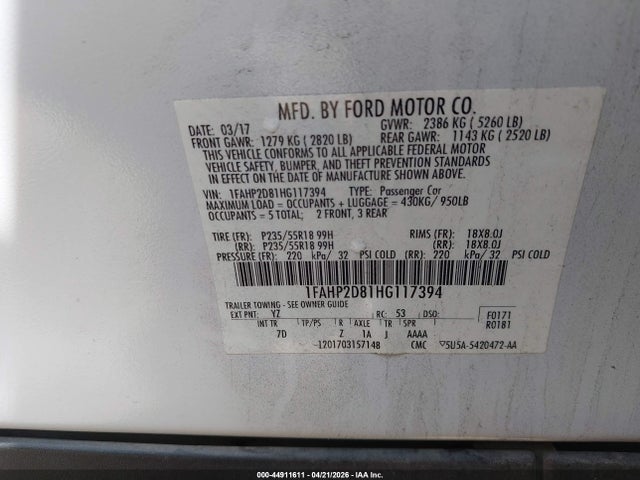 1FAHP2D81HG117394 Ford TAURUS SE