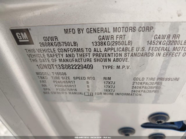 44911614 :رقم المزاد ، 1GNDT13S082229409 vin ، 2008 Chevrolet Trailblazer Fleet مزاد بيع