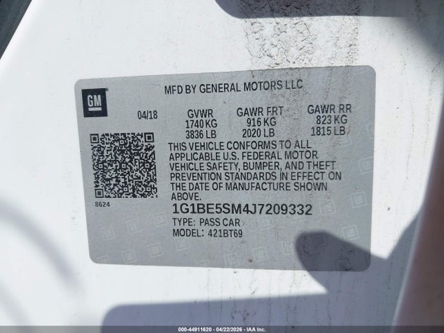 Продаж на аукціоні авто 2018 Chevrolet Cruze Lt Auto, vin: 1G1BE5SM4J7209332, номер лоту: 44911620