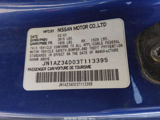 Aukcja sprzedaży 2003 Nissan 350z Touring, vin: JN1AZ34D03T113395, numer aukcji: 44911629