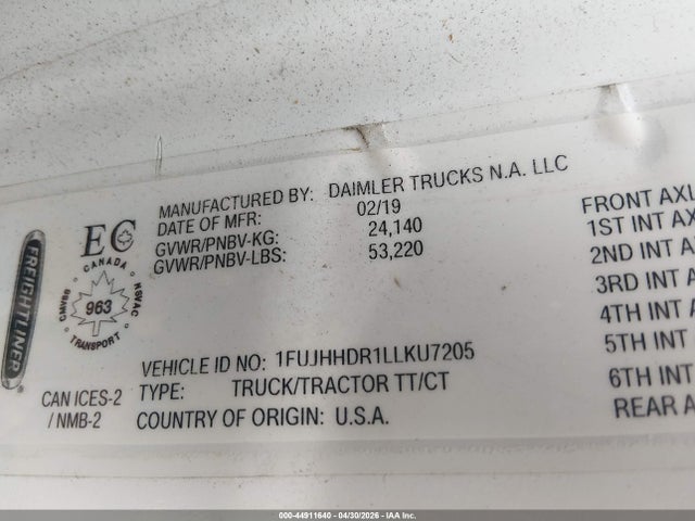 Aukcja sprzedaży 2020 Freightliner New Cascadia 126, vin: 1FUJHHDR1LLKU7205, numer aukcji: 44911640