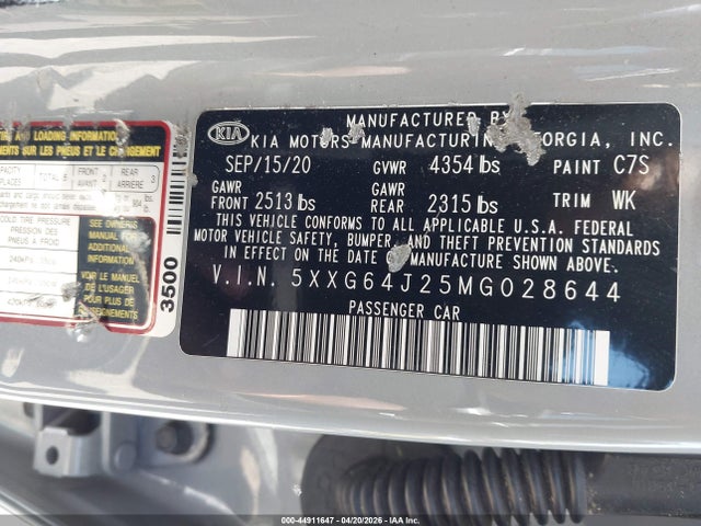 44911647 :رقم المزاد ، 5XXG64J25MG028644 vin ، 2021 Kia K5 Gt-line مزاد بيع