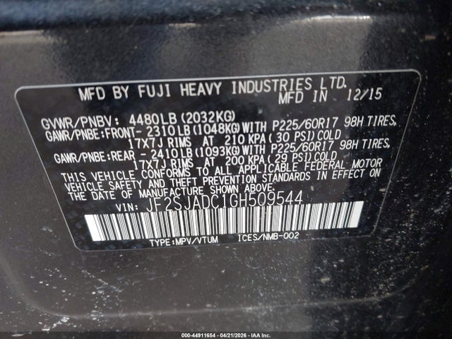 Aukcja sprzedaży 2016 Subaru Forester 2.5i Premium, vin: JF2SJADC1GH509544, numer aukcji: 44911654