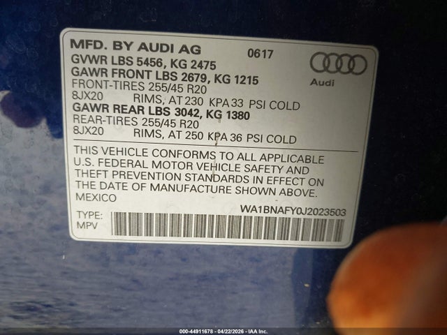 Продажа на аукционе авто 2018 Audi Q5 2.0t Premium/2.0t Tech Premium, vin: WA1BNAFY0J2023503, номер лота: 44911678