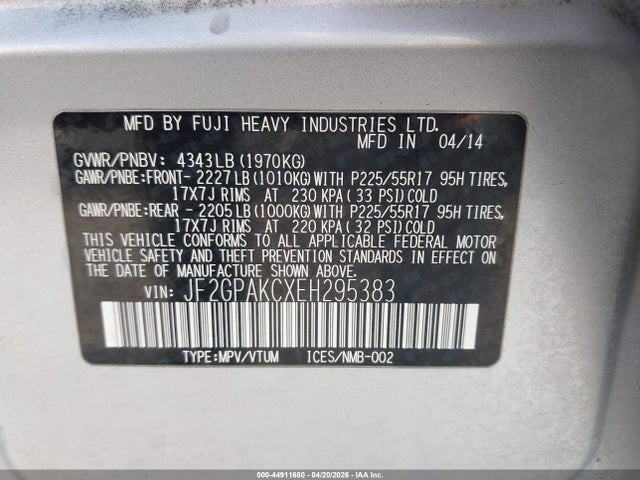 Aukcja sprzedaży 2014 Subaru Xv Crosstrek 2.0i Limited, vin: JF2GPAKCXEH295383, numer aukcji: 44911680