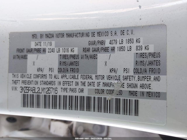 Aukcja sprzedaży 2020 Mazda Mazda3, vin: 3MZBPABL2LM126716, numer aukcji: 44911681