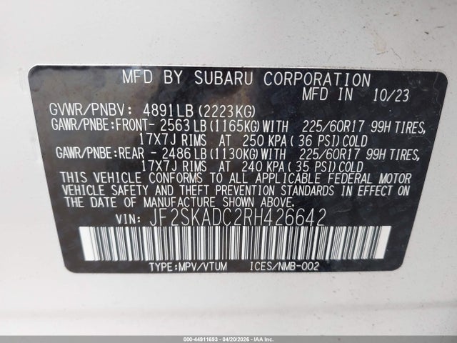 44911693 :رقم المزاد ، JF2SKADC2RH426642 vin ، 2024 Subaru Forester Premium مزاد بيع