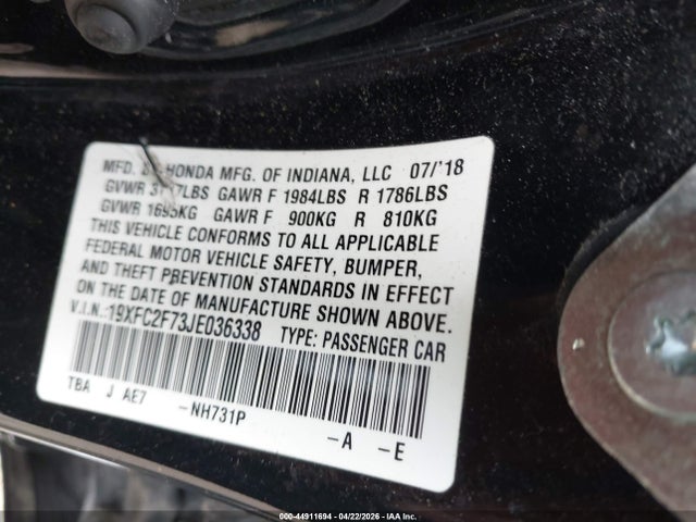 44911694 :رقم المزاد ، 19XFC2F73JE036338 vin ، 2018 Honda Civic Ex مزاد بيع