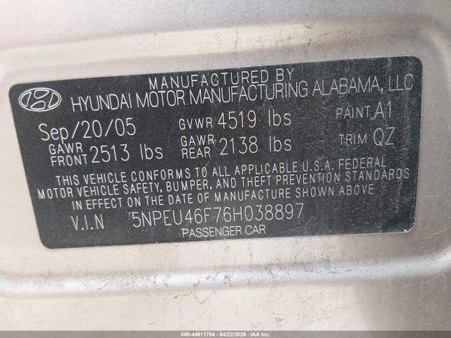 2006 Hyundai Sonata Gls V6/lx V6 მანქანა იყიდება აუქციონზე, vin: 5NPEU46F76H038897, აუქციონის ნომერი: 44911704
