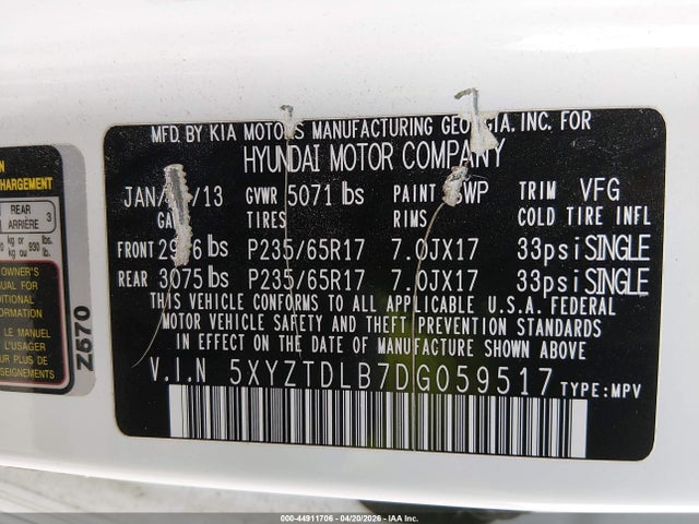 Продажа на аукционе авто 2013 Hyundai Santa Fe Sport, vin: 5XYZTDLB7DG059517, номер лота: 44911706