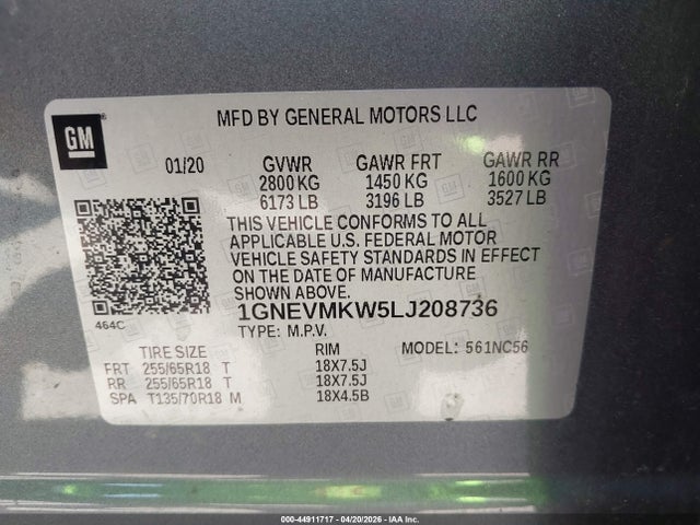 Aukcja sprzedaży 2020 Chevrolet Traverse Awd 2fl, vin: 1GNEVMKW5LJ208736, numer aukcji: 44911717