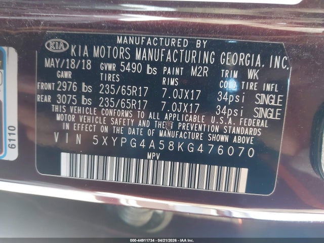 2019 Kia Sorento 3.3l Lx მანქანა იყიდება აუქციონზე, vin: 5XYPG4A58KG476070, აუქციონის ნომერი: 44911734