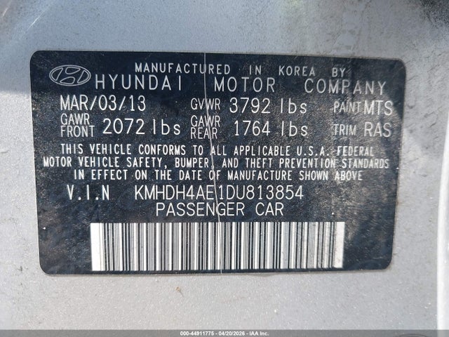 Продаж на аукціоні авто 2013 Hyundai Elantra Gls, vin: KMHDH4AE1DU813854, номер лоту: 44911775
