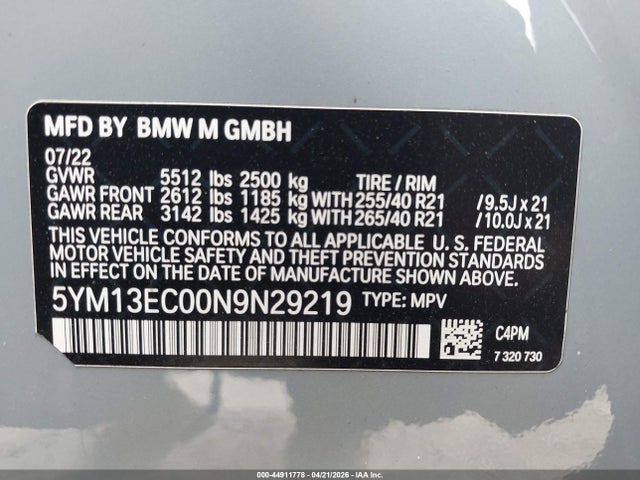 Продажа на аукционе авто 2022 Bmw X3 M, vin: 5YM13EC00N9N29219, номер лота: 44911778
