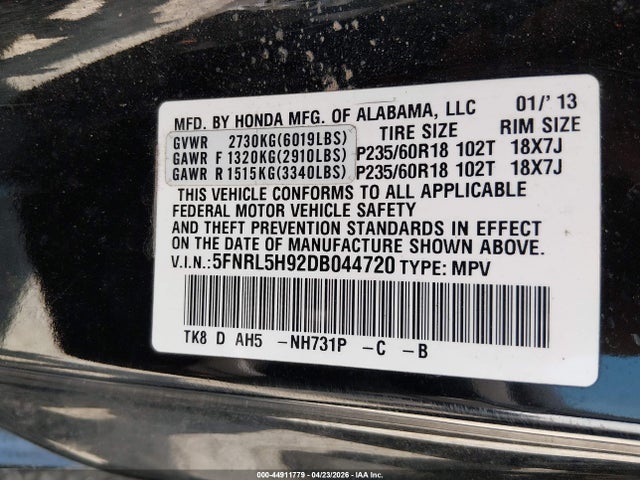 Продажа на аукционе авто 2013 Honda Odyssey Touring/touring Elite, vin: 5FNRL5H92DB044720, номер лота: 44911779