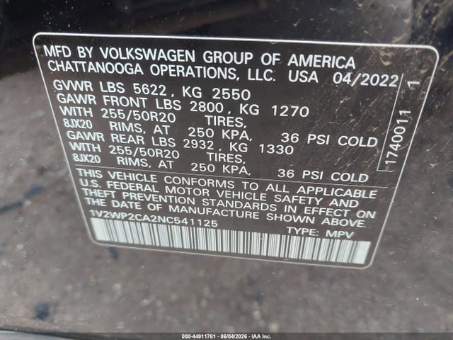 Aukcja sprzedaży 2022 Volkswagen Atlas 2.0t Se W/technology, vin: 1V2WP2CA2NC541125, numer aukcji: 44911781