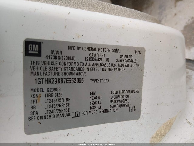 44911788 :رقم المزاد ، 1GTHK29K87E552095 vin ، 2007 Gmc Sierra 2500hd Work Truck مزاد بيع