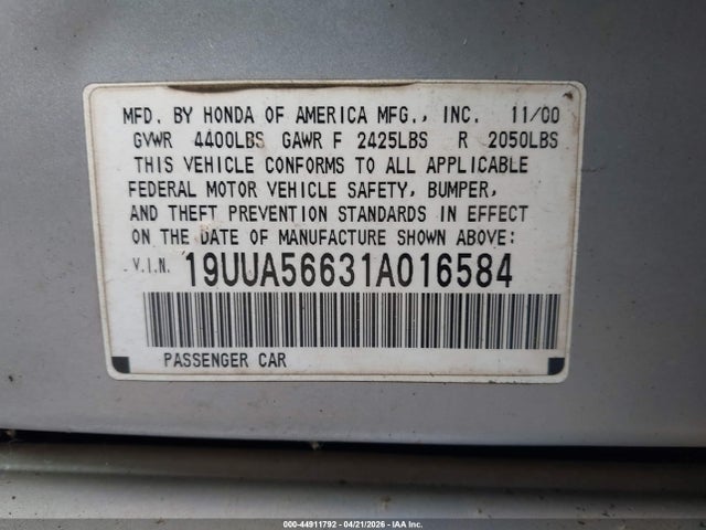 44911792 :رقم المزاد ، 19UUA56631A016584 vin ، 2001 Acura Tl 3.2 مزاد بيع