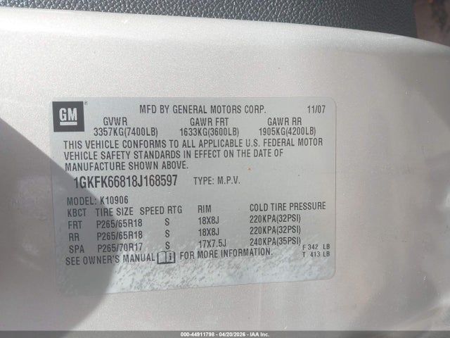 Продаж на аукціоні авто 2008 Gmc Yukon Xl 1500 Denali, vin: 1GKFK66818J168597, номер лоту: 44911798
