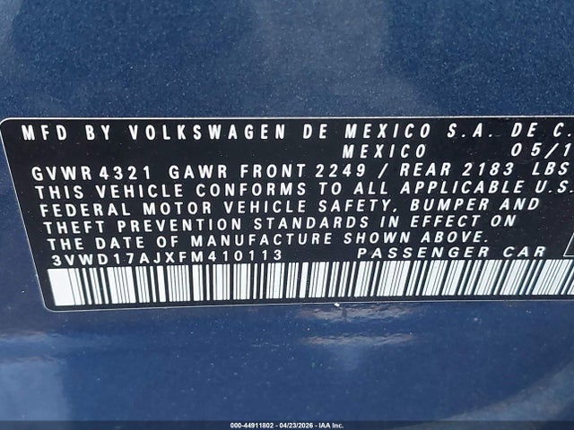 44911802 :رقم المزاد ، 3VWD17AJXFM410113 vin ، 2015 Volkswagen Jetta 1.8t Se مزاد بيع