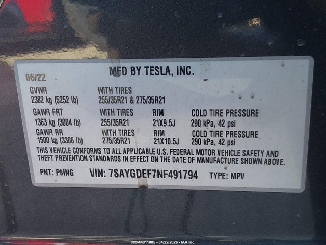 Продаж на аукціоні авто 2022 Tesla Model Y Performance Dual Motor All-wheel Drive, vin: 7SAYGDEF7NF491794, номер лоту: 44911805
