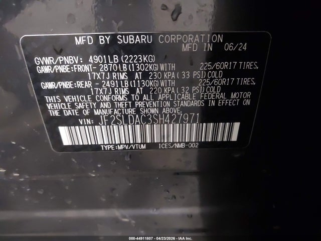 Aukcja sprzedaży 2025 Subaru Forester, vin: JF2SLDAC3SH427971, numer aukcji: 44911807