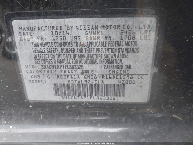3N1CN7AP1FL863326 Nissan Versa 1.6 Sv