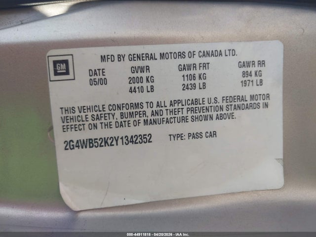 Продажа на аукционе авто 2000 Buick Regal Ls, vin: 2G4WB52K2Y1342352, номер лота: 44911818