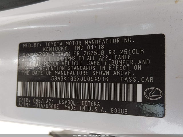 Продаж на аукціоні авто 2018 Lexus Es 350, vin: 58ABK1GGXJU094916, номер лоту: 44911823