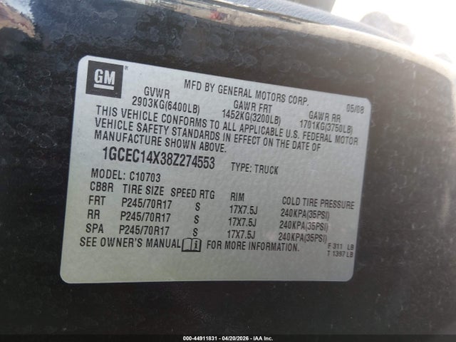 Продажа на аукционе авто 2008 Chevrolet Silverado 1500 Work Truck, vin: 1GCEC14X38Z274553, номер лота: 44911831