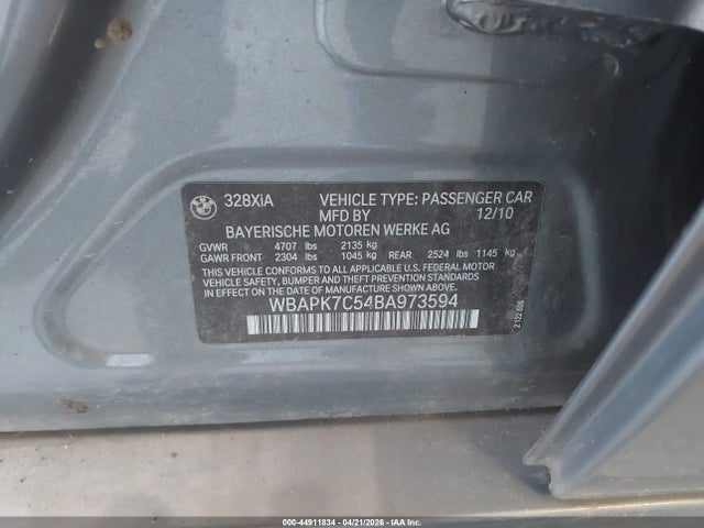 2011 Bmw 328i Xdrive მანქანა იყიდება აუქციონზე, vin: WBAPK7C54BA973594, აუქციონის ნომერი: 44911834