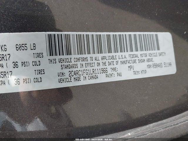 2020 Chrysler Pacifica Touring მანქანა იყიდება აუქციონზე, vin: 2C4RC1FG1LR111966, აუქციონის ნომერი: 44911840
