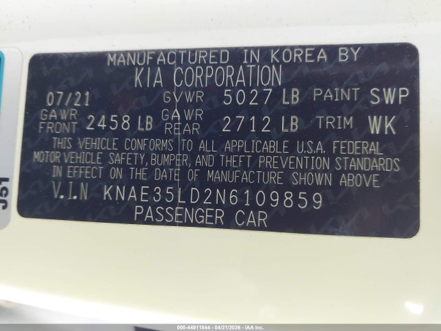 Aukcja sprzedaży 2022 Kia Stinger Gt-line, vin: KNAE35LD2N6109859, numer aukcji: 44911844