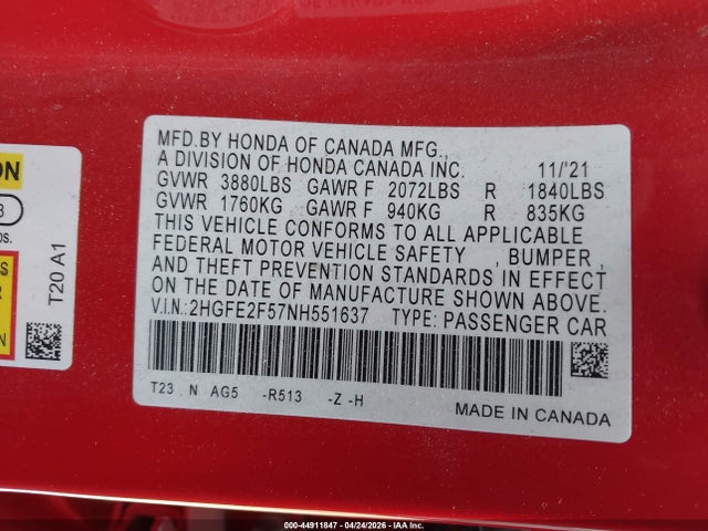 2HGFE2F57NH551637 Honda Civic Sport