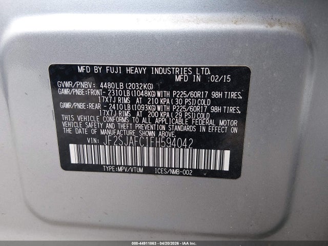 Продажа на аукционе авто 2015 Subaru Forester 2.5i Premium, vin: JF2SJAFC1FH594042, номер лота: 44911863