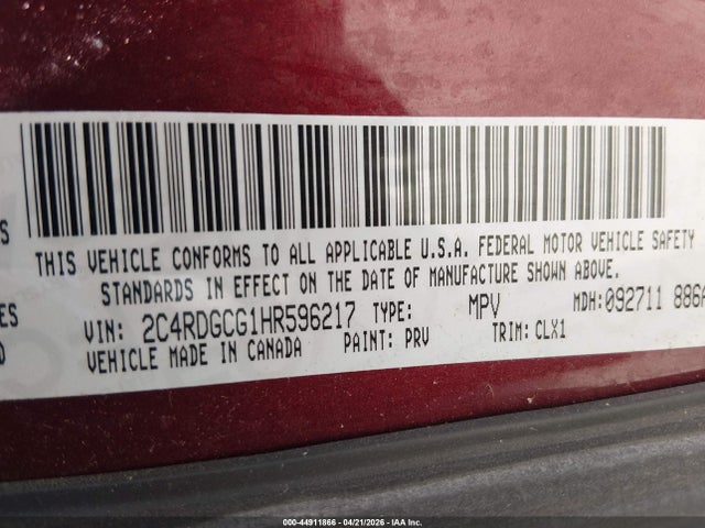 Продажа на аукционе авто 2017 Dodge Grand Caravan Sxt, vin: 2C4RDGCG1HR596217, номер лота: 44911866