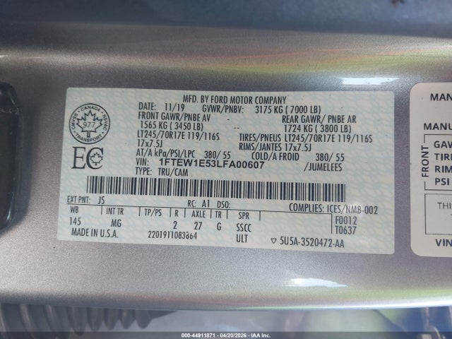 Aukcja sprzedaży 2020 Ford F-150 Xlt, vin: 1FTEW1E53LFA00607, numer aukcji: 44911871