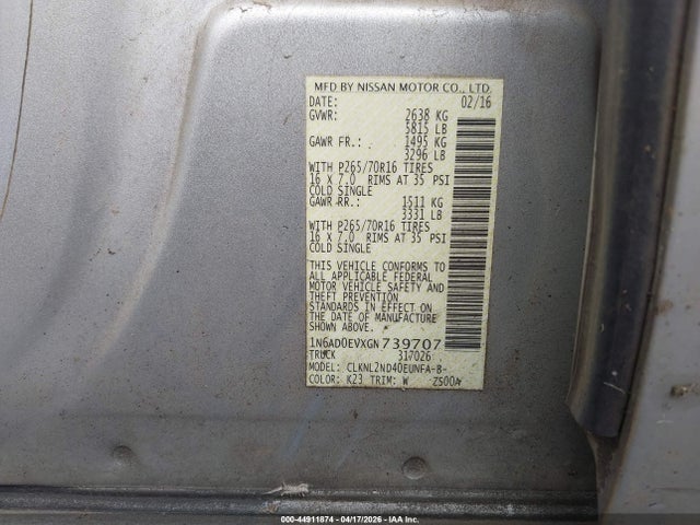 2016 Nissan Frontier Sv მანქანა იყიდება აუქციონზე, vin: 1N6AD0EVXGN739707, აუქციონის ნომერი: 44911874