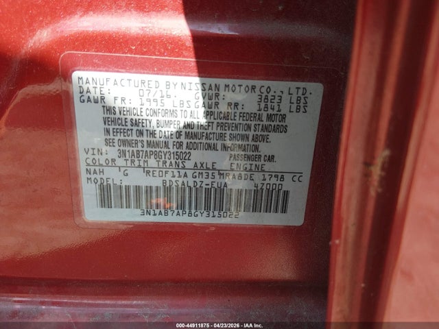 Aukcja sprzedaży 2016 Nissan Sentra Sv, vin: 3N1AB7AP8GY315022, numer aukcji: 44911875