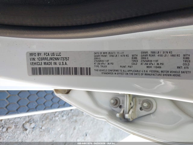 Продажа на аукционе авто 2022 Ram 1500 Laramie  4x2 5'7 Box, vin: 1C6RREJM2NN173757, номер лота: 44911876