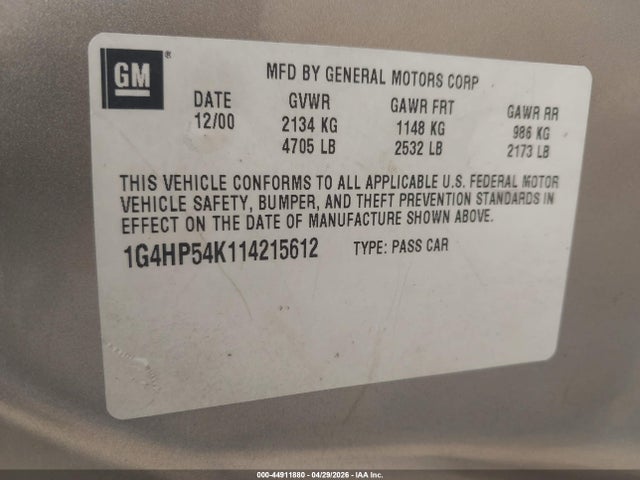 2001 Buick Lesabre Custom მანქანა იყიდება აუქციონზე, vin: 1G4HP54K114215612, აუქციონის ნომერი: 44911880