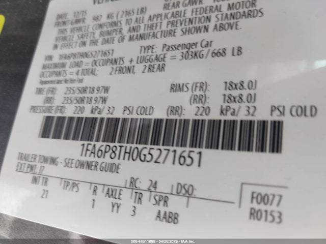 44911888 :رقم المزاد ، 1FA6P8TH0G5271651 vin ، 2016 Ford Mustang Ecoboost مزاد بيع