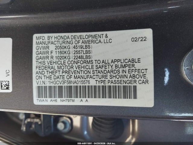 1HGCV3F58NA015576 Honda Accord Hybrid Ex-l