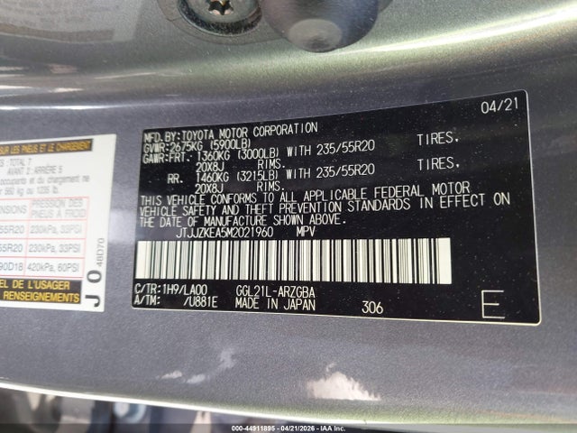 Aukcja sprzedaży 2021 Lexus Rx 350l Luxury, vin: JTJJZKEA5M2021960, numer aukcji: 44911895