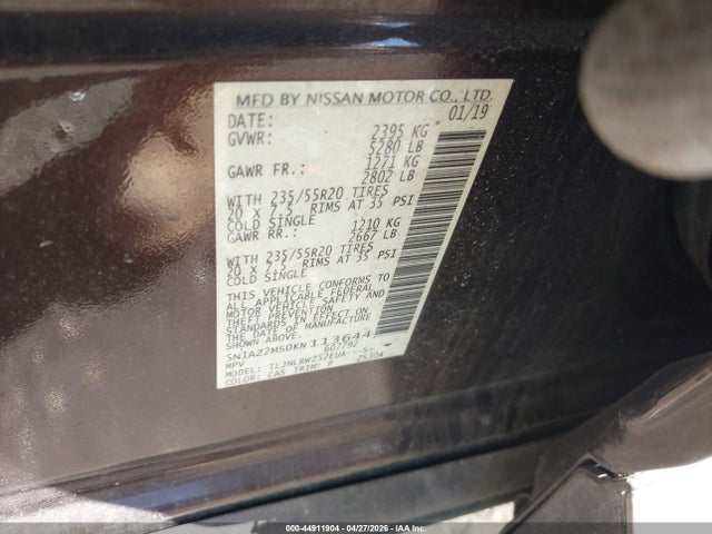 Продаж на аукціоні авто 2019 Nissan Murano Sl, vin: 5N1AZ2MS0KN113644, номер лоту: 44911904
