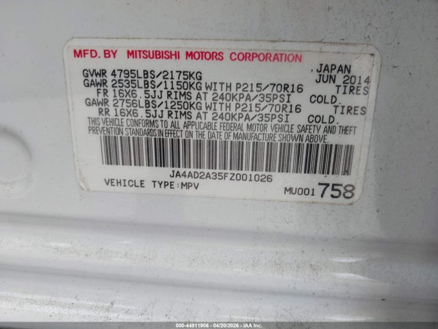 Продаж на аукціоні авто 2015 Mitsubishi Outlander Es, vin: JA4AD2A35FZ001026, номер лоту: 44911906